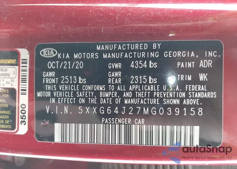 2021 Kia K5 Gt-Line z USA, uszkodzony, nr VIN 5XXG64J27MG039158